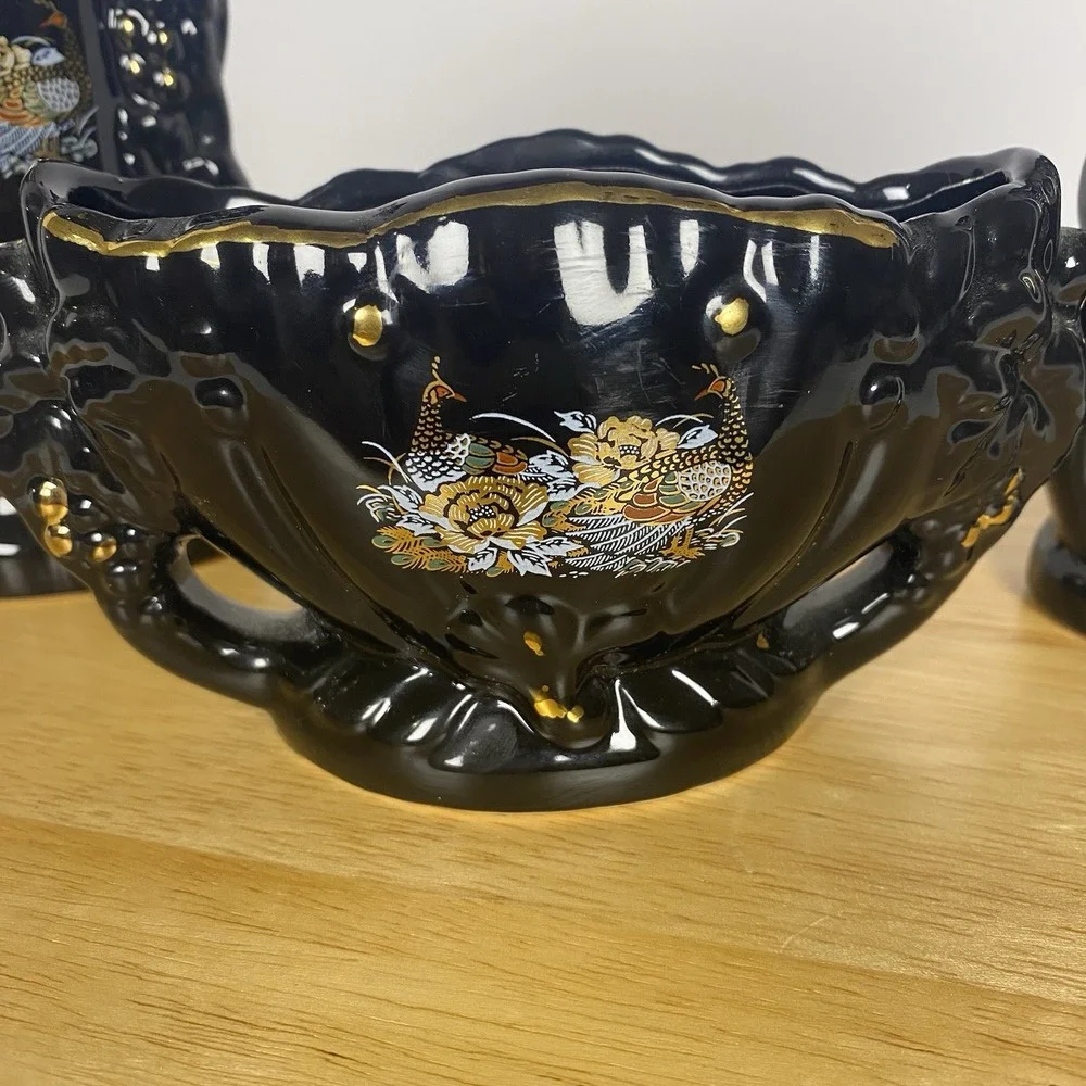 Japanese Style Black Boat Vase And Two Medium with Peacock Floral Scene 3 Pieces